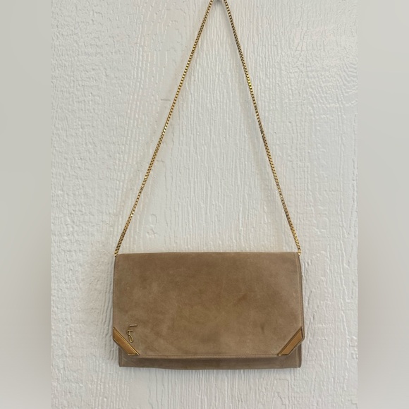 Fragiacomo purse clutch leather suede bag gold tone chain taupe Made in Italy - Picture 1 of 13